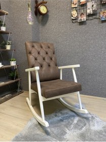 Resim Asedia Trend Lake Kahve Kapitoneli Ahşap Sallanan Sandalye Dinlenme Koltuğu 