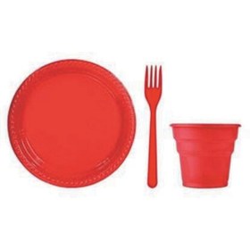 Resim ÜÇPINAR AMBALAJ Kırmızı Plastik Tabak - Bardak - Çatal Seti 25 Kişilik 