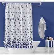 Resim Nazar Boncuğu Banyo Perdesi, 180x200cm Duş Perdesi-Tek kanat Banyo Duş Perdesi- C Halka Hediyeli Mavi - Beyaz 