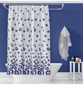 Resim Nazar Boncuğu Banyo Perdesi, 180x200cm Duş Perdesi-Tek kanat Banyo Duş Perdesi- C Halka Hediyeli Mavi - Beyaz 