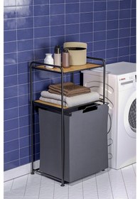 Resim 2 Katlı Çamaşır Sepeti Kirli Sepeti Ahşap Raflı Banyo Dolabı Banyo Düzenleyici Organizer Mat Siyah Mg100 Siyah 