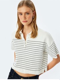 Resim Koton Düğmeli Çizgili Oversize Polo Yaka İnce Triko Kazak Lacivert Çizgili 5sak90007ht 7s2 Çok Renkli 