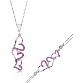 Resim Gümüş Pembe Üç Kalpli Kadın Set (510775583) 