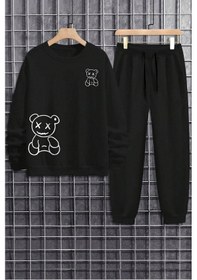 Resim Uyguntarz Unisex Draw Bear Baskılı Bisiklet Yaka Sweatshirt - 2'li Eşofman Takımı Siyah 