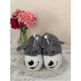 Resim Nisanur Shoes Konforlu Gri Renkli Peluş Panduf Kadın 38-40 Sevimli Köpek Figürlü Hayvanlı Desen 