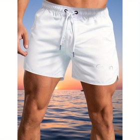 Resim Erkek Yazlık Rahat Plaj Şortları "Sakin" Baskılı - Beyaz Polyester Yüzme Şortları, Bağcıklı Bel, Cep, Havuz, Sörf ve Futbol için Mükemmel, Plaj Şortları 