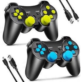 Resim Kujian 2 Pack Controller for PS3, Wireless Controller for Playstaion 3, 6-axis Double Shock Gaming Controller with 2 USB Charging Cords (Blue and Green) 