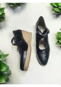 Resim Dolgu Topuk Hasır Tokalı Balerin Espadril Siyah 