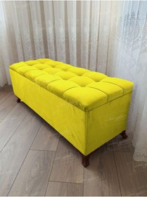 Resim Çizgi Kapitoneli Sandıklı Puf 90 Cm Ceviz Ayak Sarı 