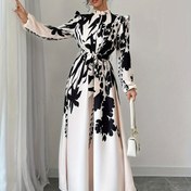 Resim Elegant Çiçek Desenli Uzun Kollu Elbise, Stand Yaka ve Bel Detayı ile, Polyester A-Şerit Maksi Elbise, Fener Kolları ve Ruffle Etek ile, İlkbahar/Sonbahar için 