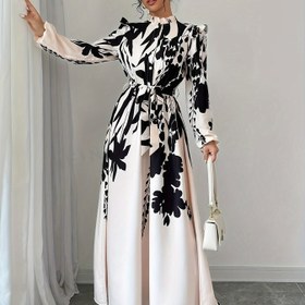 Resim Elegant Çiçek Desenli Uzun Kollu Elbise, Stand Yaka ve Bel Detayı ile, Polyester A-Şerit Maksi Elbise, Fener Kolları ve Ruffle Etek ile, İlkbahar/Sonbahar için 
