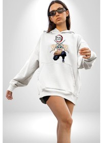 Resim Anime Inosuke Hashibira Demon Slayer Kadın Erkek Beyaz Kapüşonlu Sweatshirt Hoodie Beyaz 