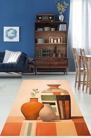 Resim Pelangi Etnik Bohem Vazo İskandinav Yapraklı Yıkanabilir Kaymaz Taban Leke Tutmaz Salon Halısı Yoluk, Yeşil-Turuncu-Siyah 120 x 180 