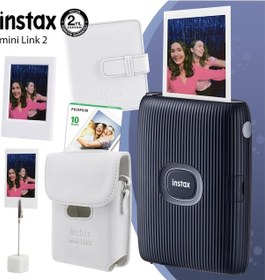 Resim Fujifilm Instax Mini Link 2 Yazıcı + 10'lu Mini Film + Deri Kılıf + Albüm Çerçeve + Kıskaçlı Stand Mavi 