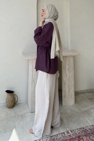 Resim Tesettür Diyarı Dekta Cotton Kumaş Broş Kemerli Tesettür Gömlek- Mürdüm Standart (38-42 Uyumlu) 
