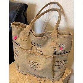 Resim 1 adet Winnie The Pooh Tote Çantası, Vintage Stil Omuz Çantası, Çoklu Cep, Büyük Kapasite, Okul, Ofis, Seyahat için Uygun - Sevgililer Günü ve Genel Hediyeler için İdeal 