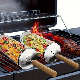 Resim 3 Parça (BBQ Kafes+Çatal+Kanca) Ahşap Saplı Mangal Sepeti Seti - Isıya Dayanıklı Tasarım, Kamp Ateşleri ve Ocaklar İçin Taşınabilir Barbekü Ekipmanı, Yuvarlak Ocağı Pişirme Kafesi, Temel Izgara Aksesuarları, BBQ Takım 