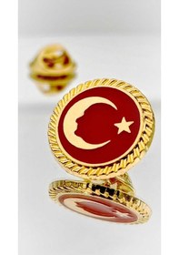 Resim Yörük Tasarım Türk Bayrağı Atatürk Siluetli Altın Kaplama Mineli Yaka Rozeti Altın 