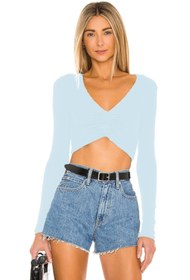Resim By Kul Design Kadın Mavi V Yaka İpek Jarse Crop Top 