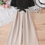 Resim Kızların Zarif Minimalist Moda Seti, Siyah Kabarcık Kollu Üst ve Ayva Yüksek Bel Bol Geniş Bacaklı Pantolon, Gençler için Uygun Dış Giyim, Dış Mekanlar için Mükemmel 