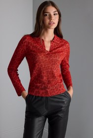 Resim Polo Yaka Leopar Baskılı Kırmızı Triko Bluz 