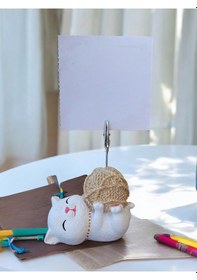 Resim Açık Altın Yumaklı Yatan Kawaii Kedi Temalı Not Tutacağı Fotoğraf Tutacak Tutucu Ofis Hediyelik Şampanya 