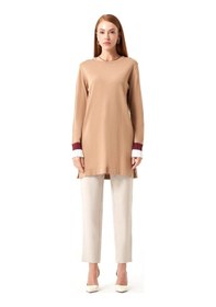Resim Mizalle Kol Piliseli Rayon Triko Camel-beyaz Tunik Camel 