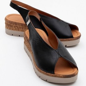 Resim Luvishoes Luvi Shoes Blom Siyah Hakiki Deri Kadın Dolgu Topuk Sandalet Siyah 