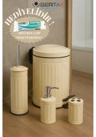 Resim Vintage Dörtlü Siyah Banyo Seti Çöp Kovası Tuvalet Fırçası Diş Fırçalık Sıvı Sabunluk Metal Krem 