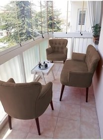 Resim Çay Seti Koltuk Takımı - Düz Renk - Ahşap Ayak - Babyface Kumaş - Kahverengi 