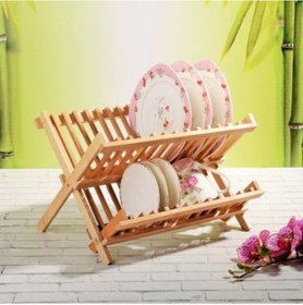 Resim Bambu Ahşap Tabaklık Tabak Standı Katlanabilir Bulaşık Sepeti 