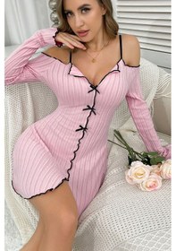 Resim Bella Notte Toz Pembe Düşük Omuzlu V Yaka Uzun Kollu Gecelik 