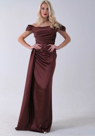 Resim Feminist Kahve Drape Detaylı Saten Kumaş Abiye Elbise 9704858.05 Kahve 