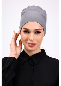 Resim Loggia Düz Dikişsiz Penye Bone Gri - Kadın Tesettür Bağlamalı İç Bone Gri 