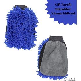 Resim Çift Taraflı Mikrofiber Yıkama Eldiveni - Makarna ve Sünger Yüzeyli Mavi 1 Adet 