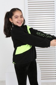 Resim Toontoy Kız Çocuk Dik Yaka Fermuarlı Renk Bloklu Reglan Kol Polar Hırka - Beli Ayarlanabilir Lastikl 
