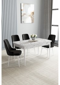 Resim Jusie Beyaz Mermer Desen 80x132 Açılabilir Yemek Odası Takımı 4 Adet Sandalye Siyah 