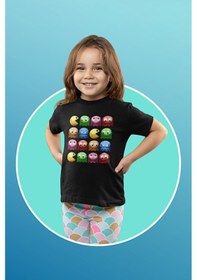 Resim Sevbano Pacman Oyun Baskılı Unisex Çocuk Tişört 1-12 Yaş Siyah 