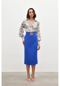 Resim Sateen Aksesuar Detaylı Kalem Etek - Mavi-134845 Mavi 