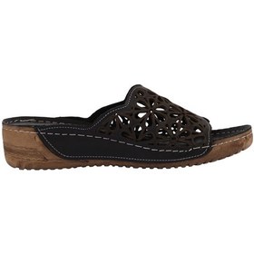 Resim Napa Shoes Rahat Kalıp Lazer Detaylı Hakiki Deri Kadın Dolgu Topuk Terlik Napa-226l Siyah 