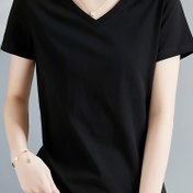 Resim Kadın V-Yaka Viskon T-Shirt - Rahat, Konforlu, Orta Esneklikli Örgü Kumaş, %95 Viskon %5 Spandeks, Düz Renk, Kısa Kollu, Normal Kalıp, Hafif İlkbahar/Yaz, Rahat Giyim|VYaka Tshirt|Esnek Kumaş 