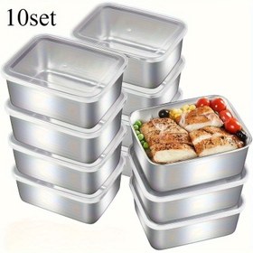 Resim 10/5 adet şeffaf kapaklı paslanmaz çelik gıda saklama kabı seti, mutfak aletleri seti, yemek hazırlama ve açık hava piknikleri için uygun bento kutusu, çeşitli yiyecek saklama, temel gıda ürünleri, ambalaj kutusu 