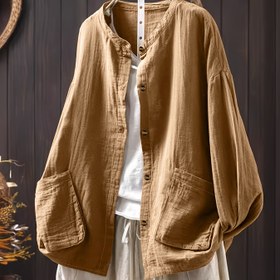 Resim Plus Beden, Plus Beden Kadınlar İçin Çift Katmanlı Yuvarlak Yaka Hırka - Geniş Kesim Uzun Kollu Büyük Cepli, Makinede Yıkanabilir Şık ve Rahat Tek Renk Her Mevsime Uygun Çok Amaçlı Üst Giyim 