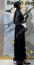 Resim Yapışkan ve El İşlemeli Beyaz Taşlı Siyah Dubai Abaya - Şallı Kemerli Takı | EF0041 WSB - M (INT) / Siyah 