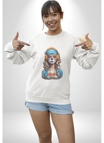 Resim Hippie Cesur Stil Dövmeli Kız Unisex Beyaz Baskılı Sweatshirt Beyaz 