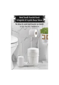 Resim Metal Standlı Yuvarlak Kovalı & Kağıtlıklı & Fırçalıklı Beyaz Banyo Takımı 
