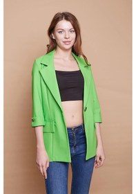 Resim Metal Düğme Detaylı Cep Kapaklı Truvakar Kol Likralı Kumaş Blazer Spor Uzun Ceket-fıstık Yeşili Fıstık Yeşili 