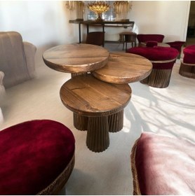 Resim Simillo Home&Living Wood Wooden Ahşap 3’lü Set Fitilli Mantar Yan Sehpa Modern Ceviz Renk Fiskos 