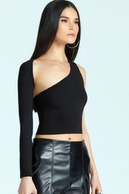 Resim MissThetis Fitilli Likralı Fit Dar Kalıp Tek Uzun Kol Göğüs Ve Sırt Dekolteli Şık Ve Cool Esnek Crop Bluz 