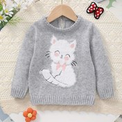 Resim XIXIJU Kızlar İçin Sevimli Kedi Desenli Örgü Kazak - Gençler İçin Yuvarlak Yaka, Uzun Kollu Kazak, Yumuşak Esnek Kumaş, Gri Beyaz ve Pembe Detaylarla, Tüm Mevsimler İçin Rahat Stil 